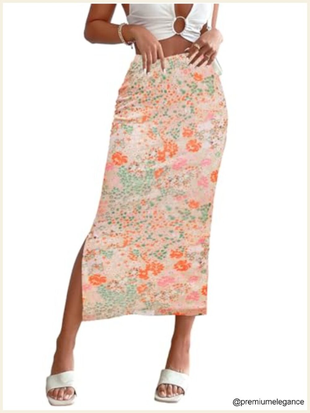 Women's Floral Mesh Midi Skirt High Waisted Split Boho Summer - Picture 1 of 6